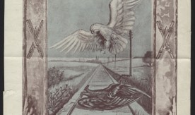 Ulotka przedstawiająca Orła Białego unoszącego się nad leżącym na torach dwugłowym austriackim.